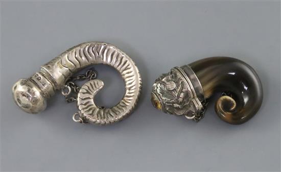 A 19th century silver and citrine mounted horn vinaigrette mull and one other silver mull, Chester, 1889, horn mull 46mm.